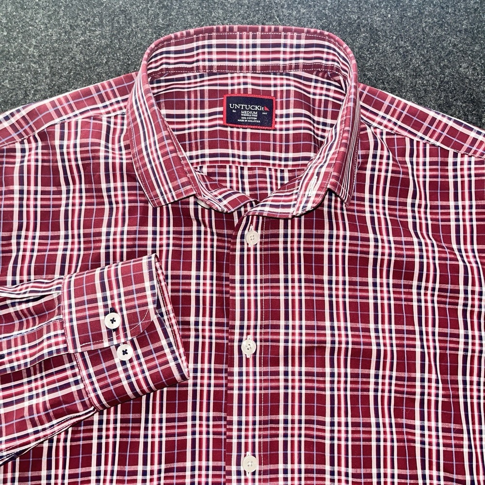 UNTUCKit Shirt Button Up‎ Men Medium Maroon Plaid Casual Long Sleeve